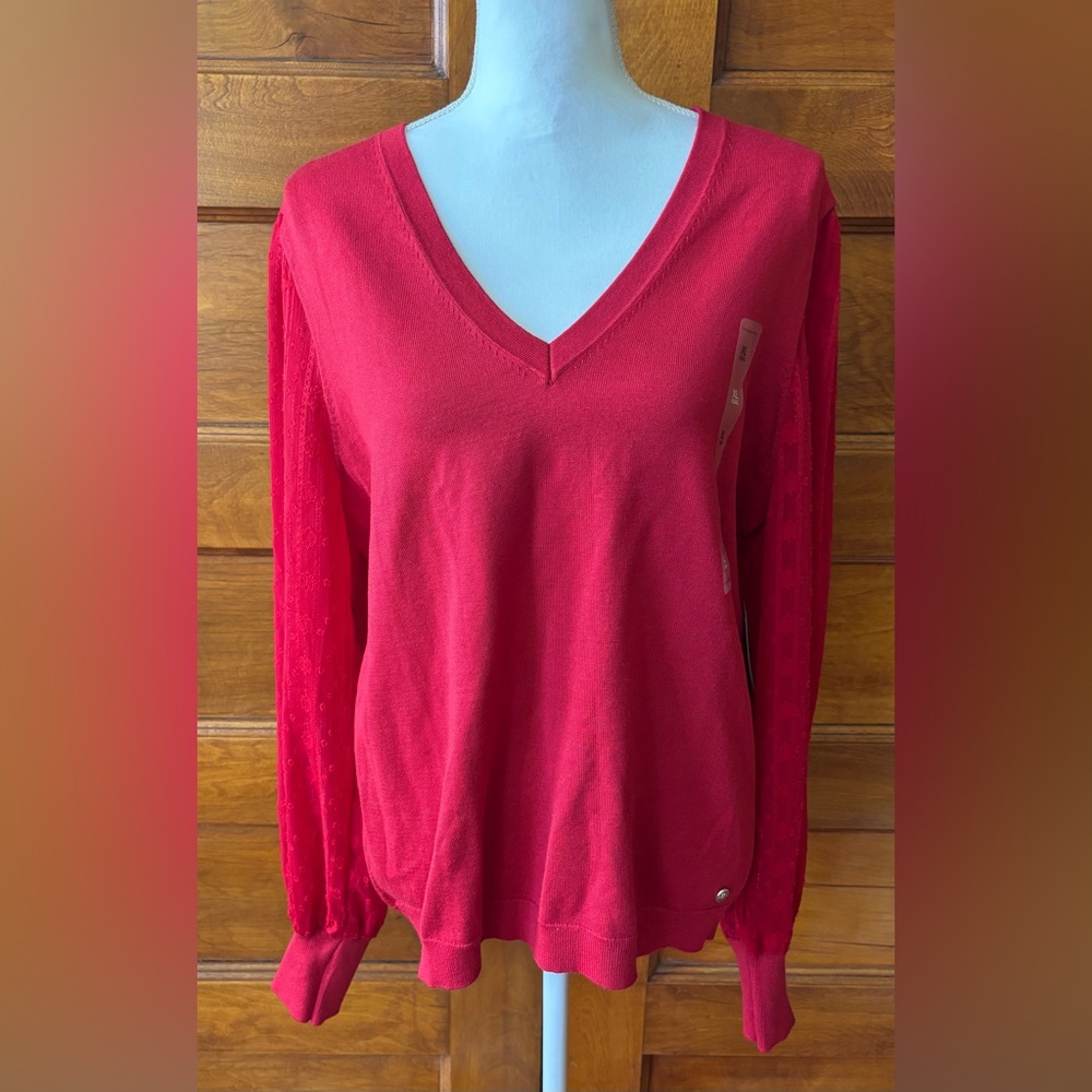 Tommy Hilfiger Red V-Neck Sweater with Sheer Sleeves